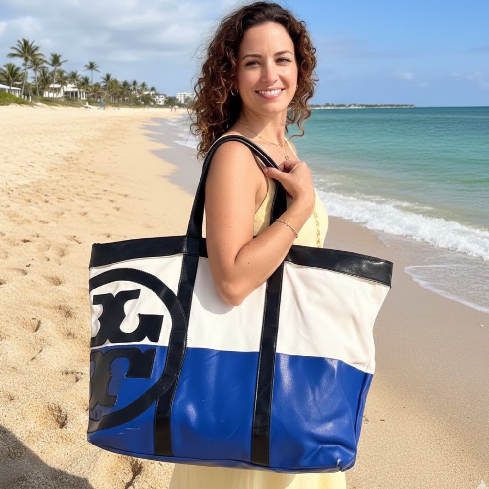 Tory Burch Blue, White & Black Logo Canvas Beach Large Tote